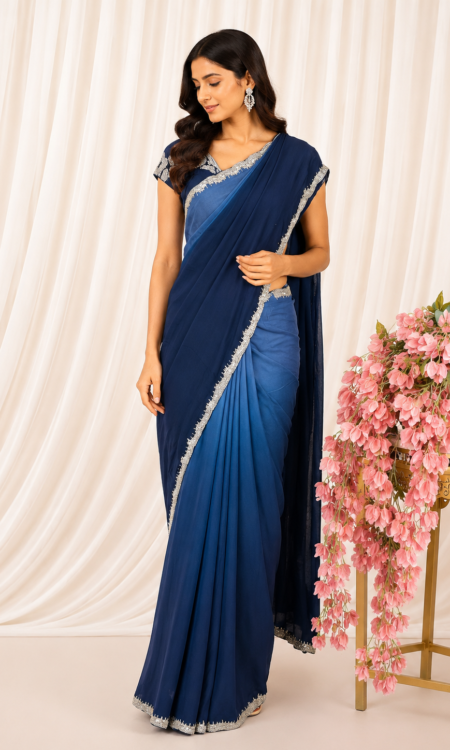 Navy Blue to Ocean Blue Half & Half Shaded Saree
