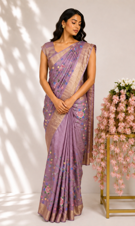Dusty Rose Tussar Saree with Petite Point Floral Jaal Embroidery