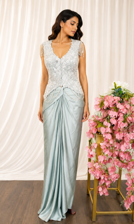 Ice Blue Satin Drape Skirt with Pearl & Cutdana Embellished Top