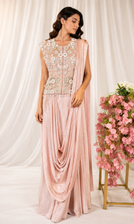 Powder Pink Falling Silk Saree with Embellished Organza Jacket
