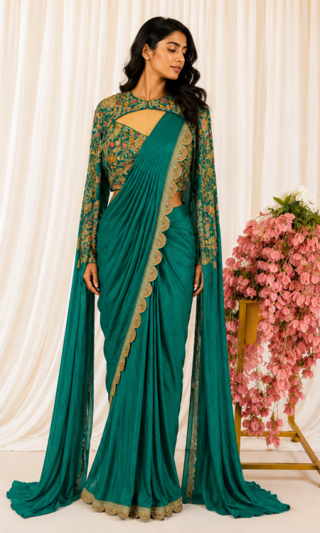 Green Drape Saree with Floral Blouse & Embellished Long Jacket