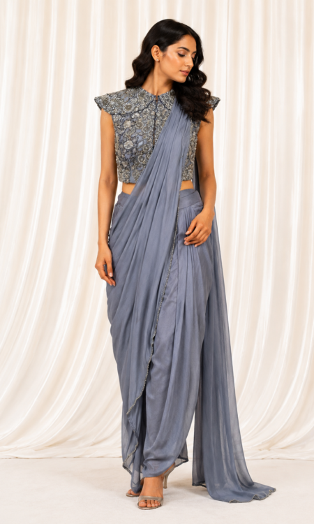 Grey Dhoti Pants with Embellished Top & Side Drape