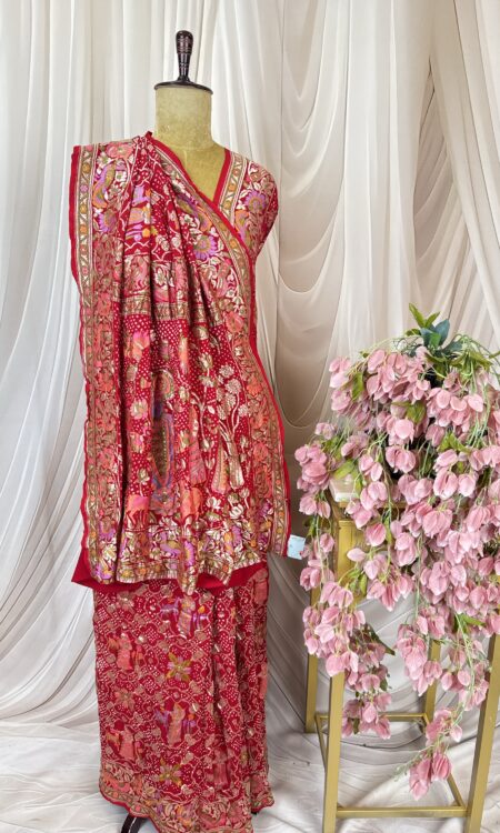 Red Bandhani Shrinath Ji Saree with Meenakari & Gold Zari