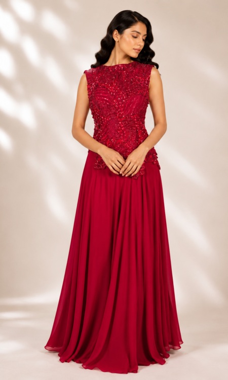 Red Indo-Western with Embellished Top & Georgette Flared Pants