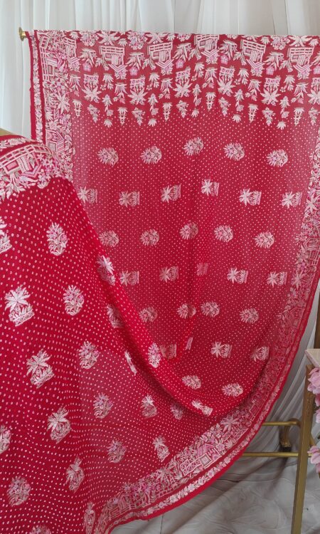 Red bandhani dupatta with parsi weaving