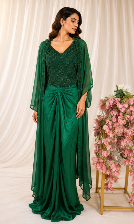 Emerald Green Drape Skirt with Embellished Cutdana Top
