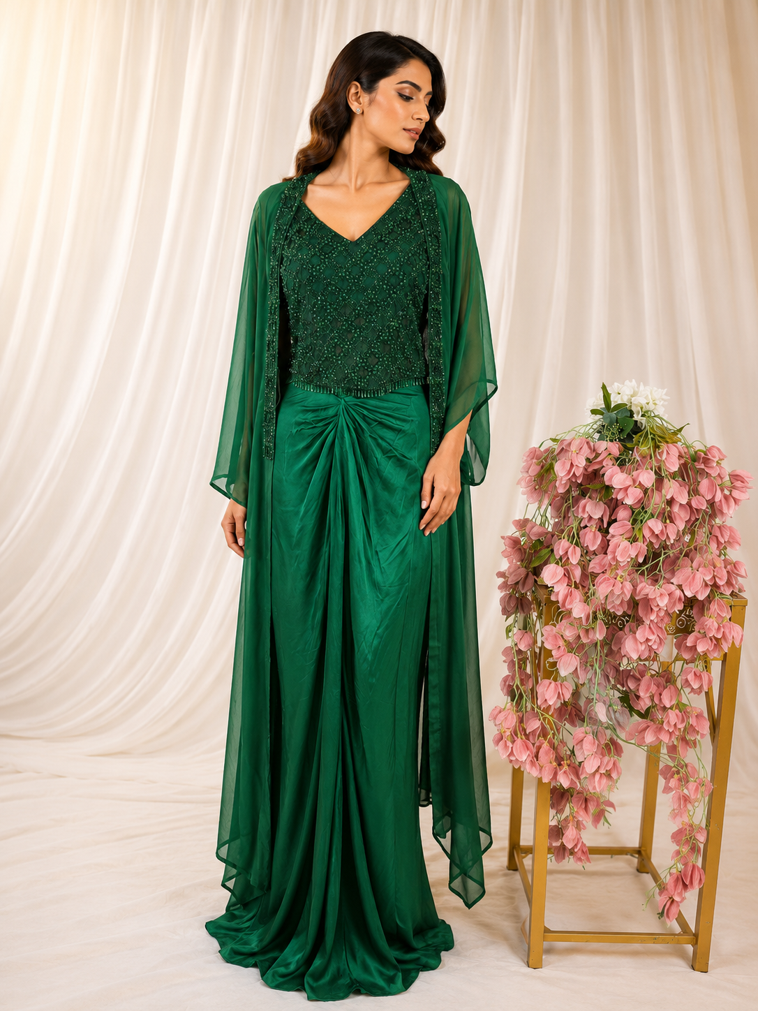 Emerald Green Drape Skirt with Embellished Cutdana Top