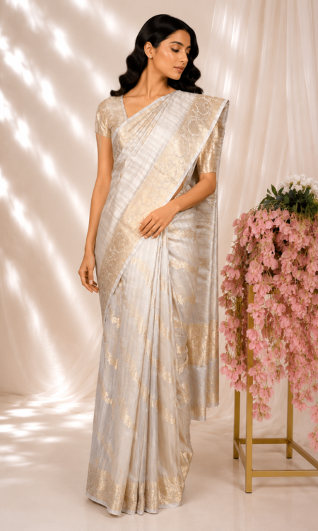 Grey Chanderi Saree with Gold Zari Banarasi Floral Weave