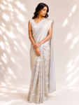 Silver Organza Saree with Parrot Motifs & Gold Zari Stripes