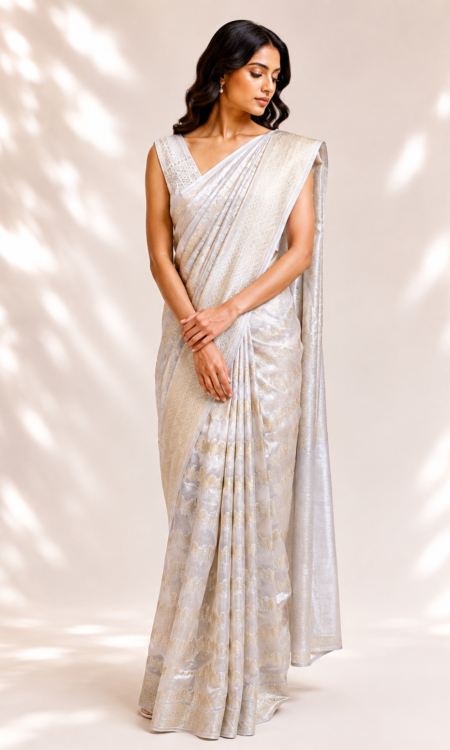 Silver Organza Saree with Parrot Motifs & Gold Zari Stripes
