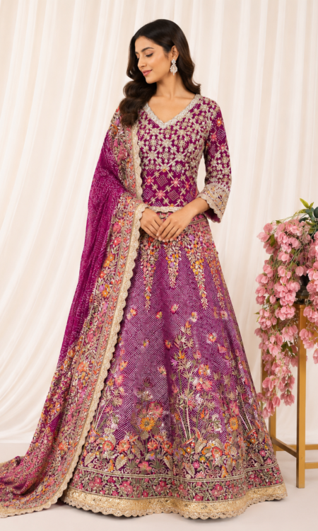Purple Bandhani Lehenga with Zardozi & Meenakari Dupatta