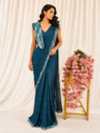 Teal Blue Printed Drape Saree with Embellished Jacket