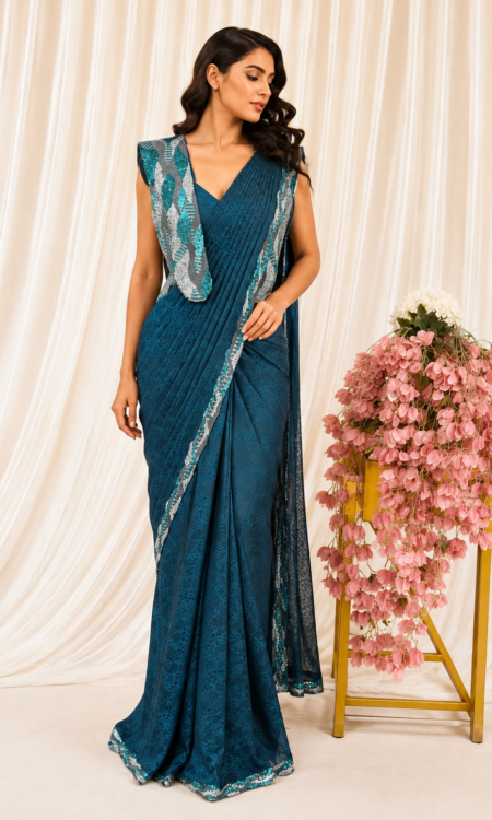 Teal Blue Printed Drape Saree with Embellished Jacket