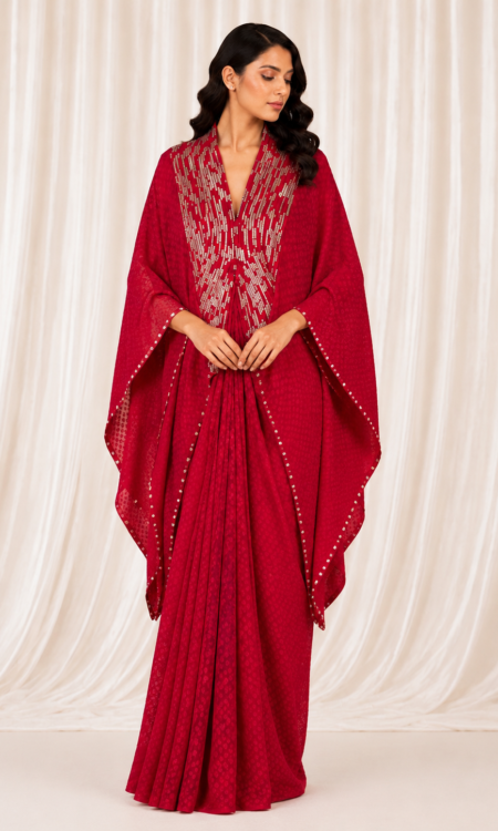 Red Pleated Drape Skirt One-Piece with Gold Sequin Cape