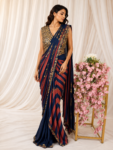 Brick Red & Navy Blue Silk Drape Saree with Embellished Blouse