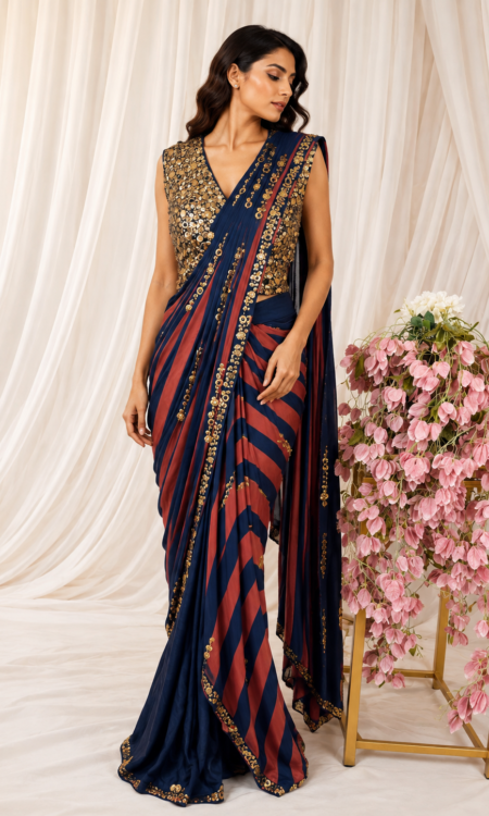 Brick Red & Navy Blue Silk Drape Saree with Embellished Blouse