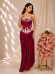 Maroon Drape Skirt with Embellished Strapless Corset Top