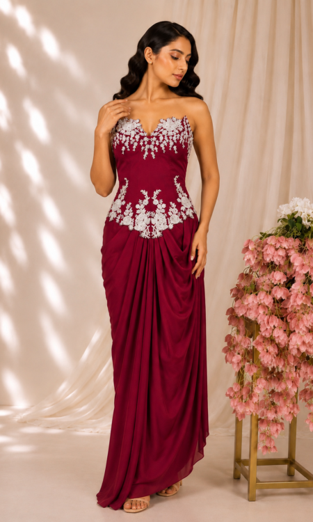 Maroon Drape Skirt with Embellished Strapless Corset Top