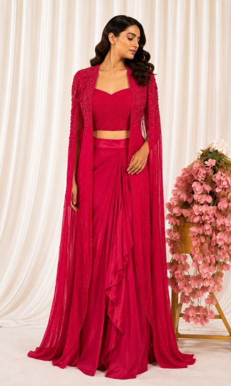 Red Drape Skirt with Embellished Floral Georgette Cape