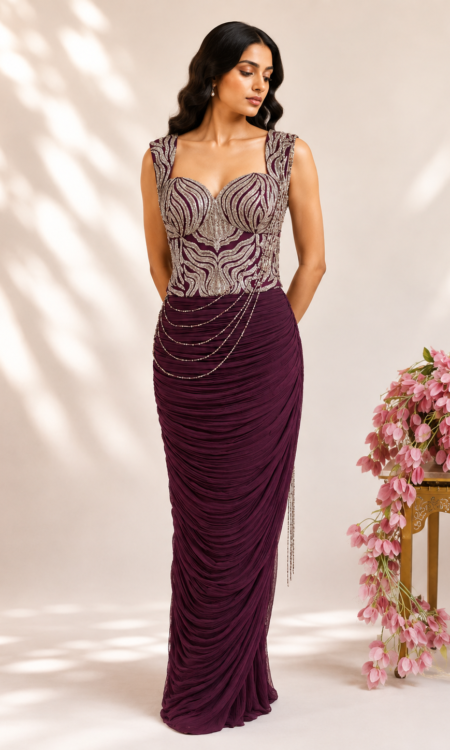 Purple Crushed Skirt Set with Corset Top & Beaded Drape