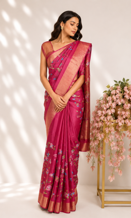 Cherry Red Tussar Saree with Petite Point Floral Embroidery