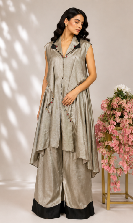 Grey Tissue Long Jacket with Ruffle Palazzo Pants & Pearl Details
