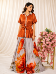 Grey Crushed Silk Lehenga with Floral Print & Pearl Peplum Top