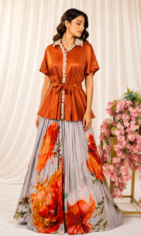 Grey Crushed Silk Lehenga with Floral Print & Pearl Peplum Top