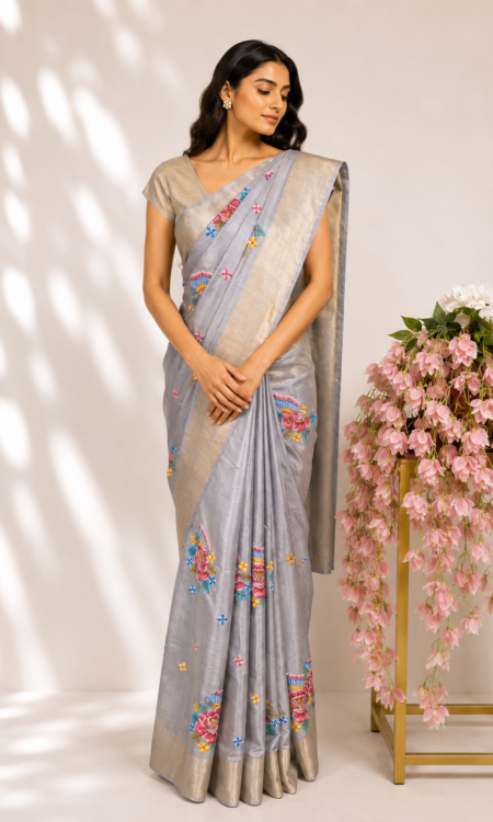 Grey Tussar Saree with Petite Point Floral & Butterfly Embroidery