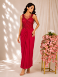 Red Embellished Corset Top with Floral Motifs & Georgette Skirt