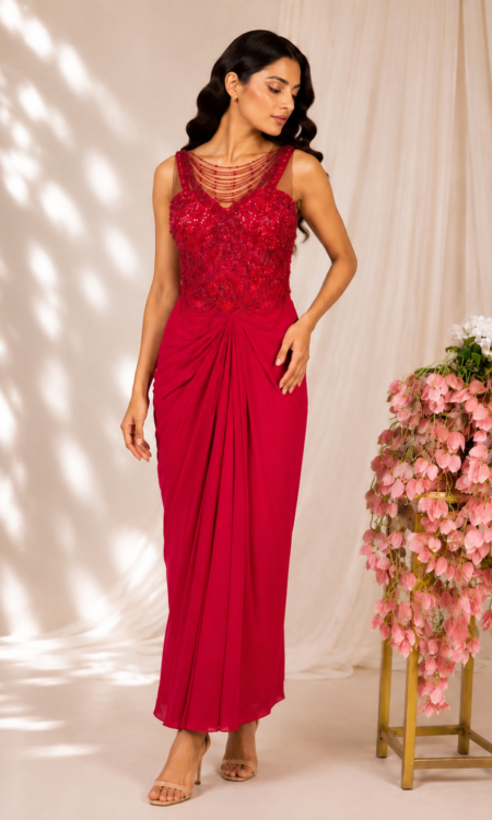 Red Embellished Corset Top with Floral Motifs & Georgette Skirt