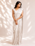 Silver Organza Tissue Saree with Gold Zari Weave & Brocade Blouse
