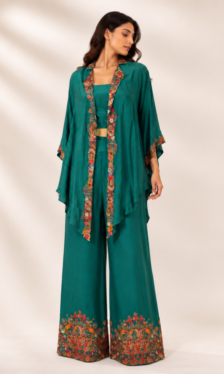 Teal Cape Jacket Co-ord Set with Multicolour Embroidered Border