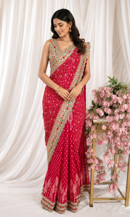 Red Bandhani Half & Half Saree with Ikkat Patola Border