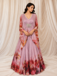 Lilac Crushed Satin Crepe Lehenga with Floral Cape Top