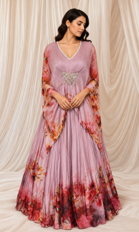 Lilac Crushed Satin Crepe Lehenga with Floral Cape Top