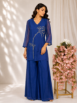 Blue Co-Ord Set with Beaded Organza Floral Top & Satin Pants