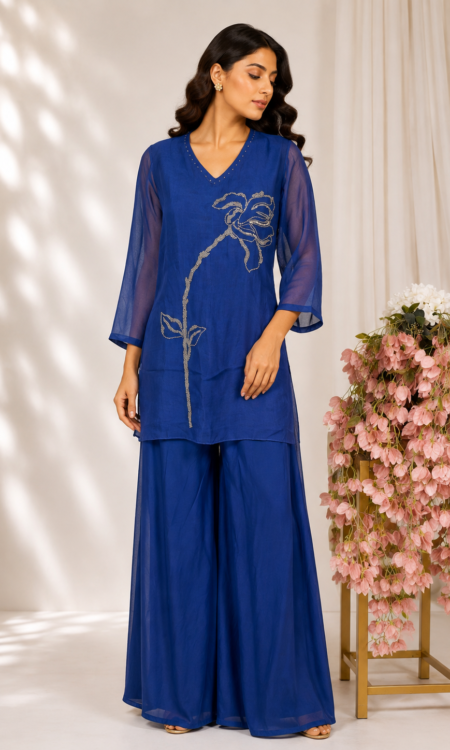 Blue Co-Ord Set with Beaded Organza Floral Top & Satin Pants