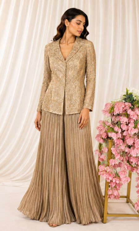 Antique Gold Tissue Embellished Jacket  with Flared Pants