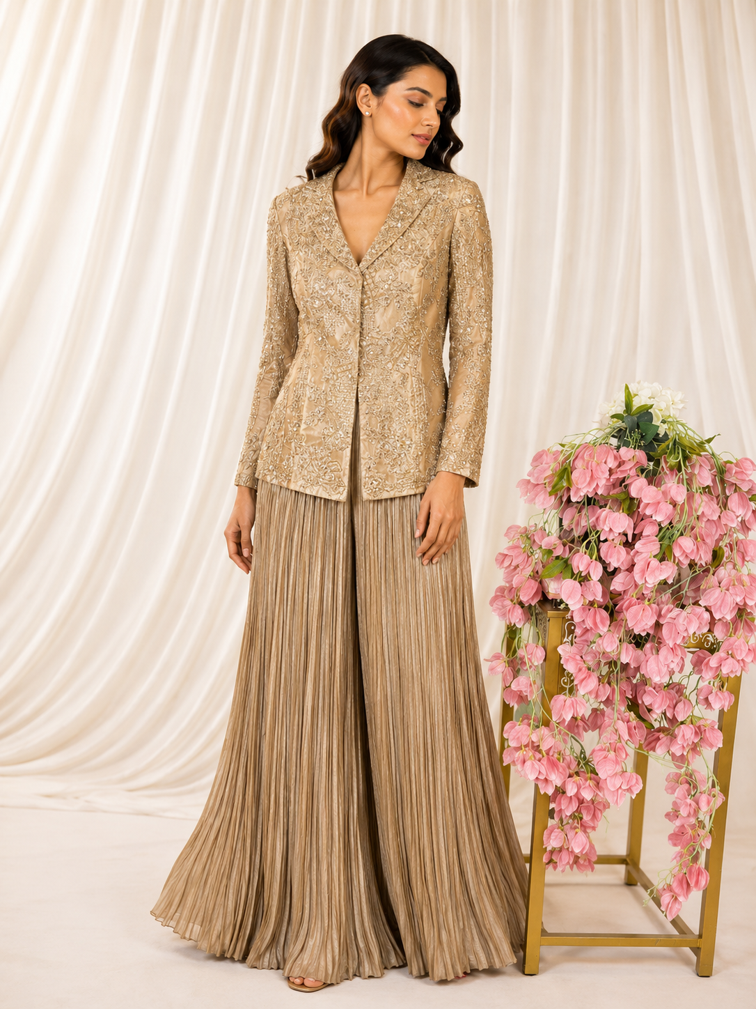 Antique Gold Tissue Embellished Jacket  with Flared Pants