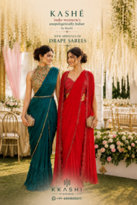 New Arrival | Pre-Drape Saree with Statement Border & Embellished Blouse | KKASHI
