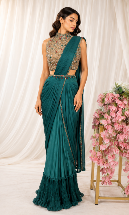 Bottle Green Drape Saree with Embellished Halter Neck Blouse