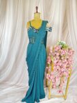 Green Pleated Drape Saree with Gold Sequin Corset Blouse