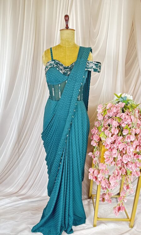 Green Pleated Drape Saree with Gold Sequin Corset Blouse