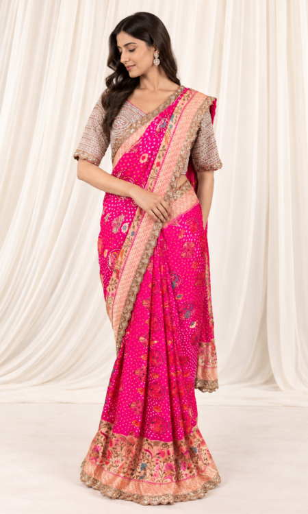 Pink color bandhani drape saree