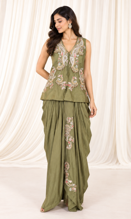 Olive Paisley Embroidered Draped Co-ord Set