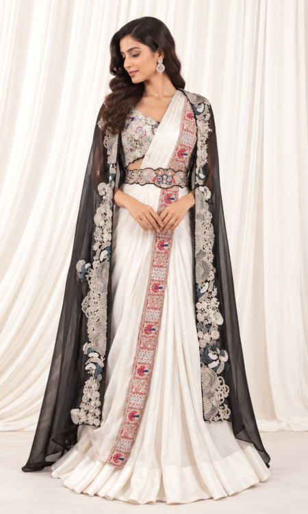 Ivory Draped Flared Pant-Noy Lehenga with Embroidered Cape