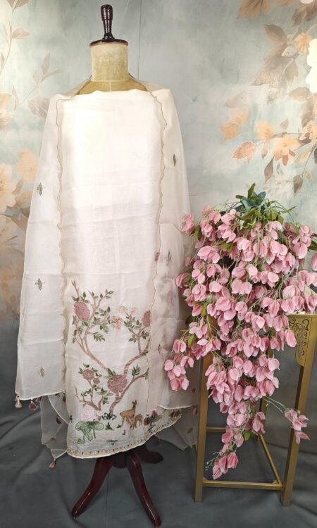 Ivory White — a soft, elegant ivory base with delicate pastel embroidery in blush pink, sage green, peach.