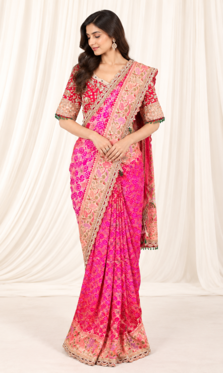 Rani Pink & Vermilion Red, accented with peach, antique gold and green pre draped bandhani saree