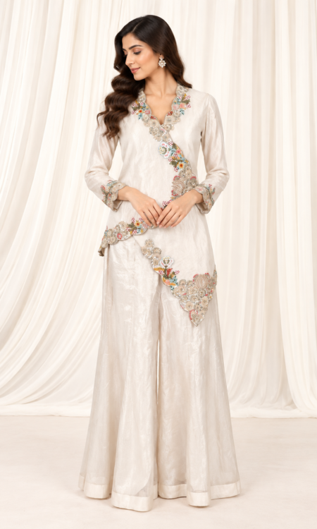 White Tissue Organza Indo-Western with Zardozi Floral Embroidery